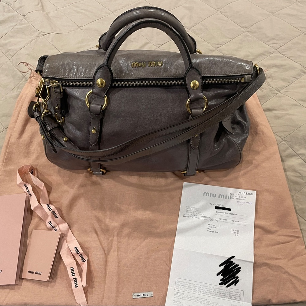 Miu Miu Vitello Lux Fumo Bow Bag (greyish purple with gold hardware)